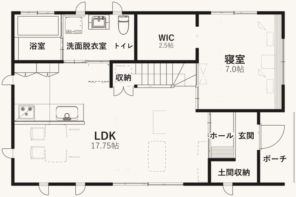 木のひらや3.5×5.5-1の1階参考間取り。上階があるプランの一部です。LDK、寝室、玄関、水まわり、収納の位置を確認できます