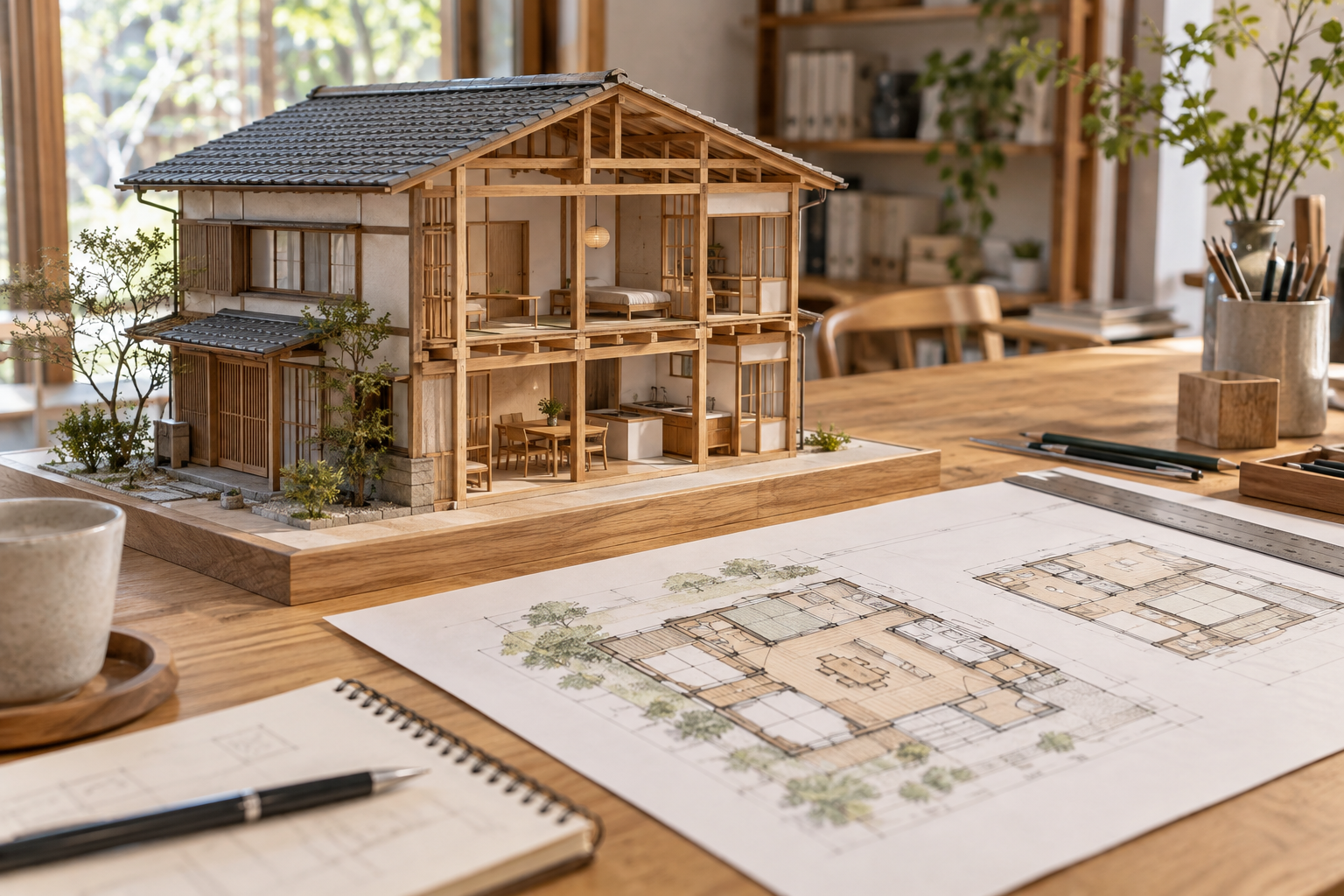 既存の木造住宅を模型と図面で検討する改修計画のイメージ